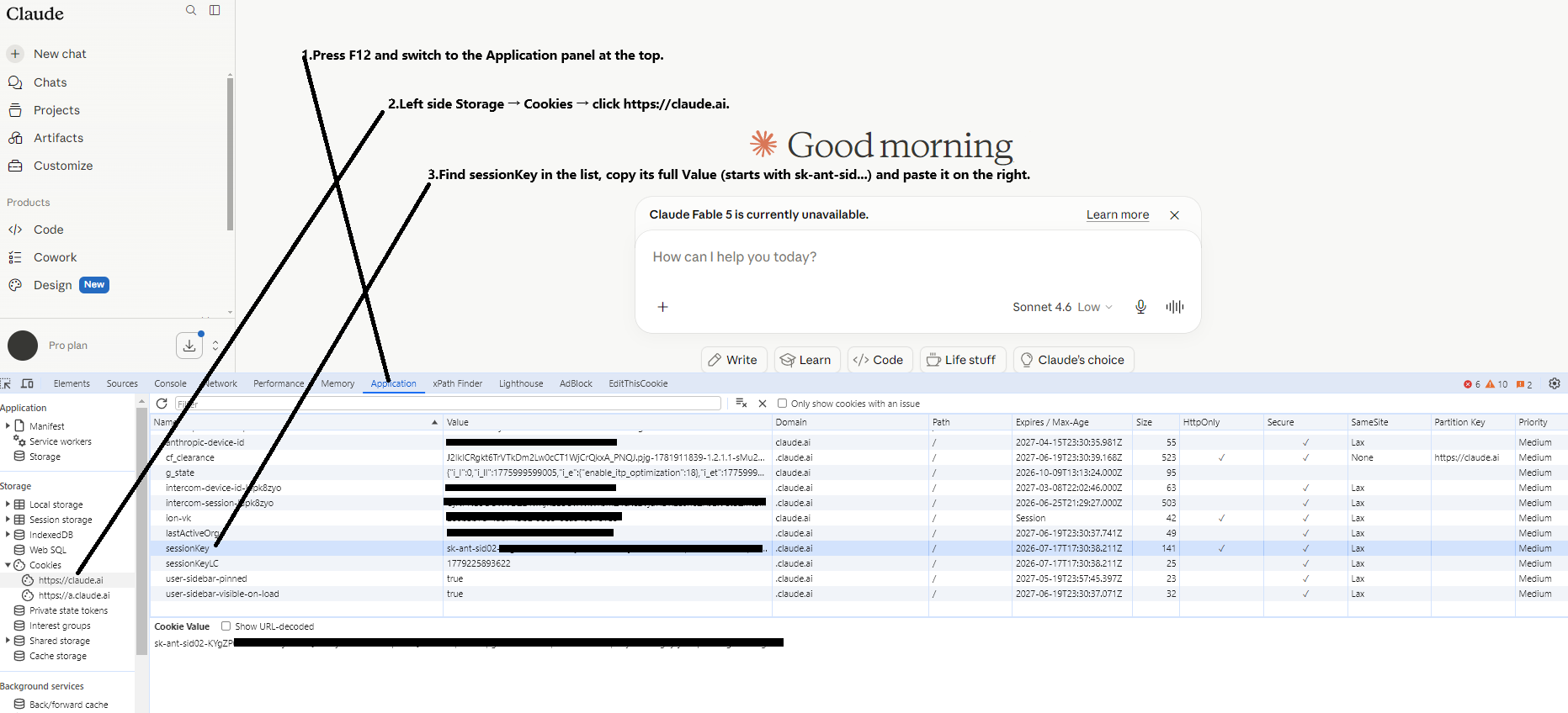 Claude Cookies 面板中 sessionKey 位置示意